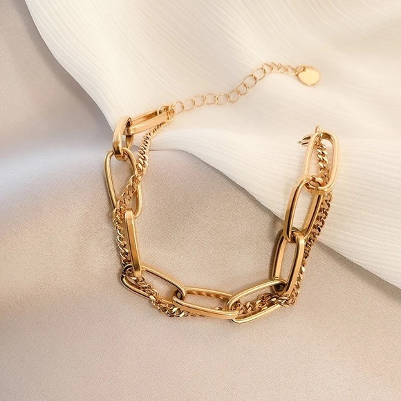 Exaggerated Cuban 18K Gold Titanium Steel Hollow Thick Double Chain Bracelet - Picture 6 of 11